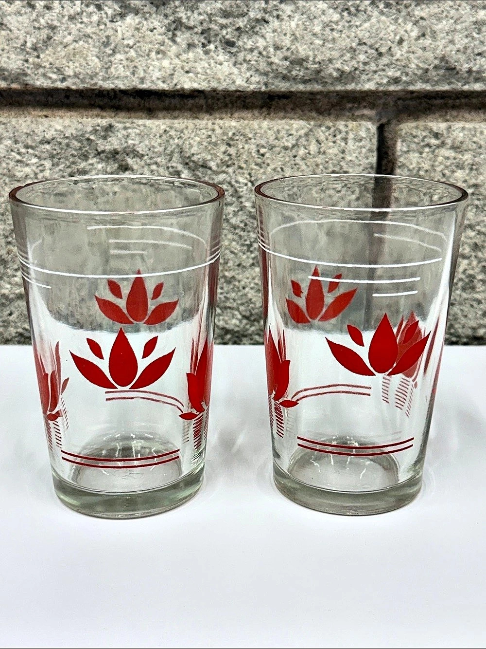Vintage Mid-Century Red Tulip Floral Drinking Glasses Tumblers – Set of 2